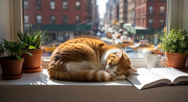 Cozy orange tabby cat napping on windowsill next to book and plants cityscape