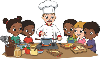 Cartoon chef cooking with kids, fun kitchen activity, culinary learning, happy children, food preparation, teamwork, educational cooking class, diverse group, joyful meal experience, family bonding