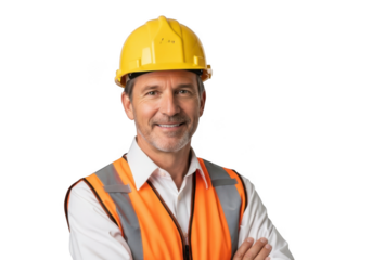Smiling experienced construction worker wearing a bright yellow hard hat and reflective safety vest isolated on transparent background