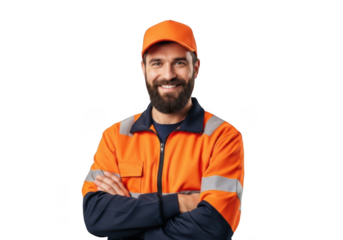Smiling bearded man wearing orange work jacket and baseball cap arms crossed isolated on transparent background