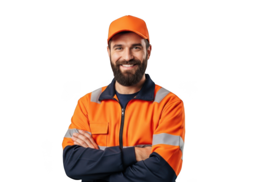 Smiling bearded man wearing orange work jacket and baseball cap arms crossed isolated on transparent background