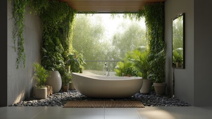 A serene, natural bathroom with a large window overlooking a lush green garden, featuring a modern freestanding bathtub surrounded by lush greenery and a wooden ceiling.