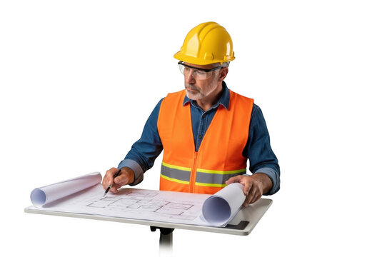 Experienced male construction worker wearing safety vest and hard hat reviewing blueprints on a large table isolated on transparent background