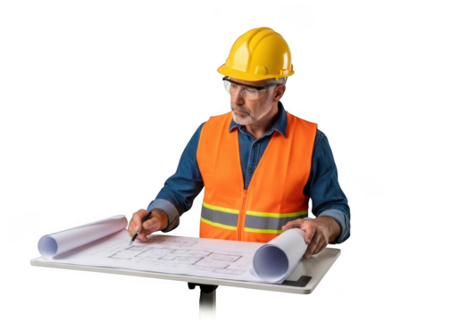 Experienced male construction worker wearing safety vest and hard hat reviewing blueprints on a large table isolated on transparent background