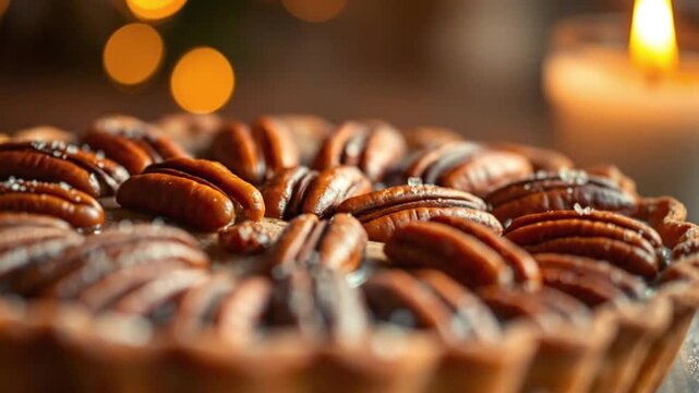 A close-up shot of a baked dessert likely a tart or pie featuring numerous whole nuts and a visible golden crust with a soft warm out-of-focus background of lights