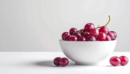 A White Bowl Filled With Ripe Red Grapes Sits On A White Surface With A Light Gray Background A Few Grapes Are Scattered Around The Bowl