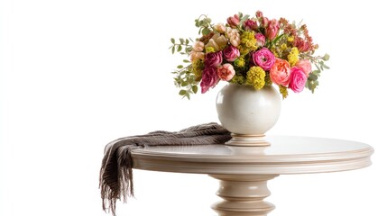 Fototapeta premium A beautiful floral arrangement in a white vase on a round table with a brown scarf draped over it.