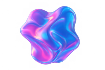 Iridescent abstract 3d fluid shape blob forming blue purple holographic flowing liquid waves on transparent background