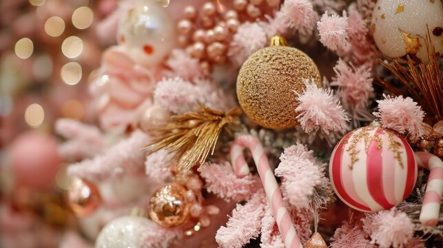 A beautifully decorated Christmas tree with pink and gold ornaments, surrounded by twinkling lights and festive decorations.