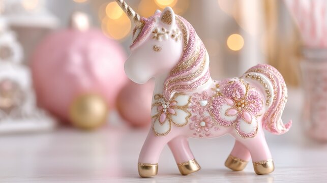 A decorative unicorn figurine with pink and gold accents, placed on a white surface with a blurred background of pink and gold ornaments. - Powered by Adobe