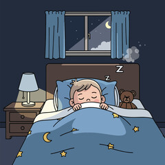 A young child sleeps soundly in bed at night, dreaming peacefully under the covers.