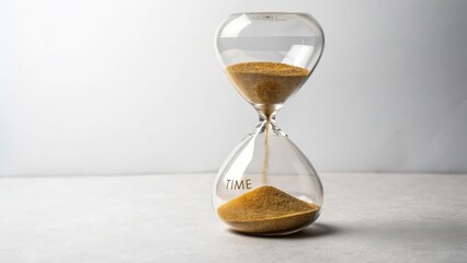 A clear glass hourglass with sand flowing, symbolizing the passage of time on a minimalist surface.