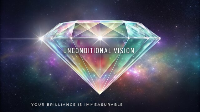 A colossal diamond with unconditional vision sparkling against a boundless cosmic canvas