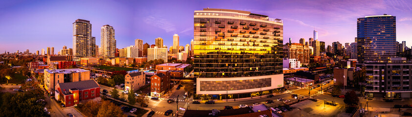  Panoramic Aerial View of Downtown Chicago Skyline at Sunset with Modern City Buildings and Urban Lights” November 6 2025