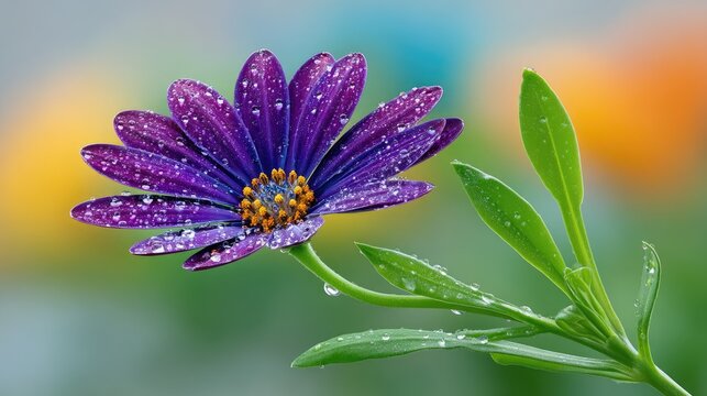 A Detailed Macro View of a Vibrant Purple Daisy Covered in Sparkling Water Droplets Against a Softly Blurred Colorful Background