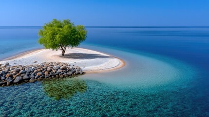 A lone green tree stands on a small rocky sandbar surrounded by clear turquoise ocean waters under a bright blue sky