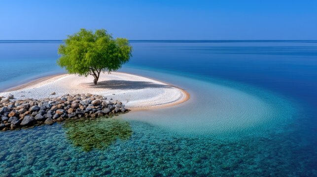 A lone green tree stands on a small rocky sandbar surrounded by clear turquoise ocean waters under a bright blue sky