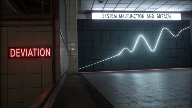 A luminous line graph displaying a drastic system malfunction deviation on a digital screen