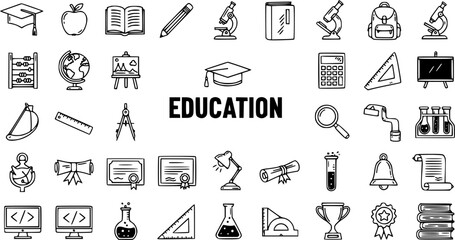 Hand-drawn Doodle Education Icons Set. School and University Learning Supplies, Academic Tools and Knowledge Symbols Vector Illustration.