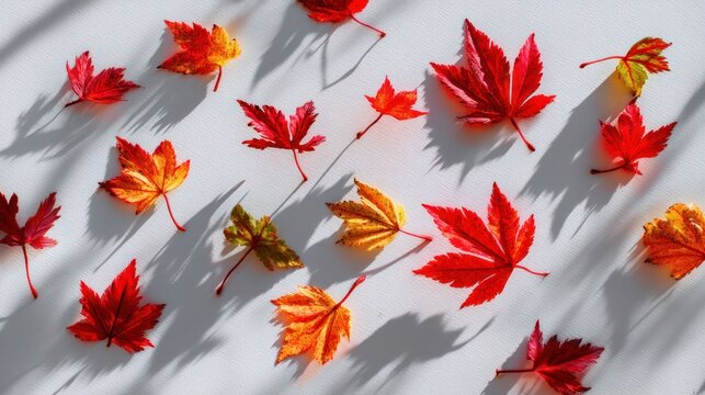A pattern of red and orange maple leaves on a white background with shadows cast by the leaves.
