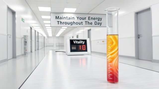 A laboratory test tube with colorful liquid and a digital vitality display in a sterile environment