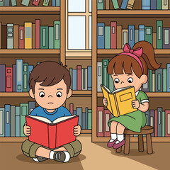 Two children engrossed in reading books in a library, surrounded by bookshelves filled with literature.