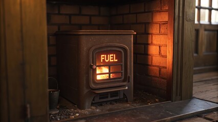 A single glowing ember inside an antique stove next to a warm inviting hearth, symbolizing comfort and energy