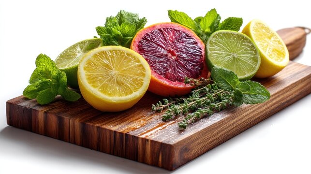 A wooden cutting board with fresh citrus fruits and herbs, including lemons, limes, and mint leaves, placed on a white background with a wooden cutting board.