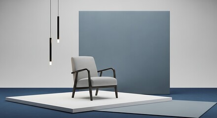 Fototapeta premium Minimalist Interior with Armchair and Geometric Shapes for Modern Living.