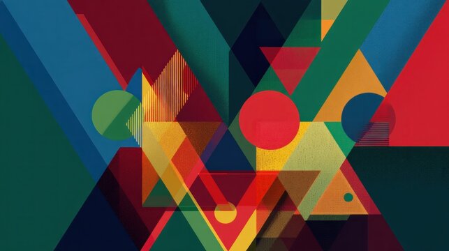 A colorful abstract geometric pattern with a mix of red, green, blue, and yellow shapes and lines, set against a dark background with a subtle gradient effect. - Powered by Adobe