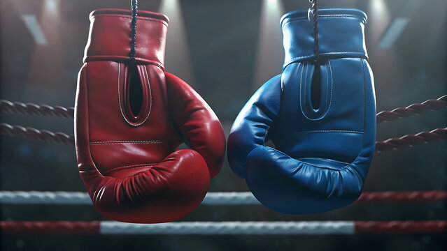 A close up of red and blue boxing gloves hanging in a boxing ring under bright spotlights above them