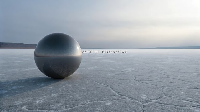 A solitary metallic sphere rests on a vast, frozen expanse under a muted grey sky, representing simplicity and calm.