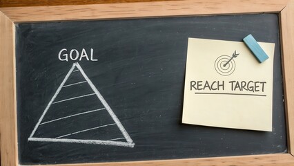 Chalkboard drawing of a triangular progression towards a goal with a sticky note marking the target.