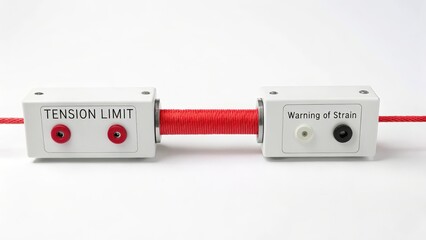 A vibrant red coil connects two white electronic devices on a stark white void, showcasing technological components.