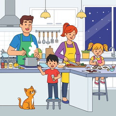Family cooking together in the kitchen at night illustration.