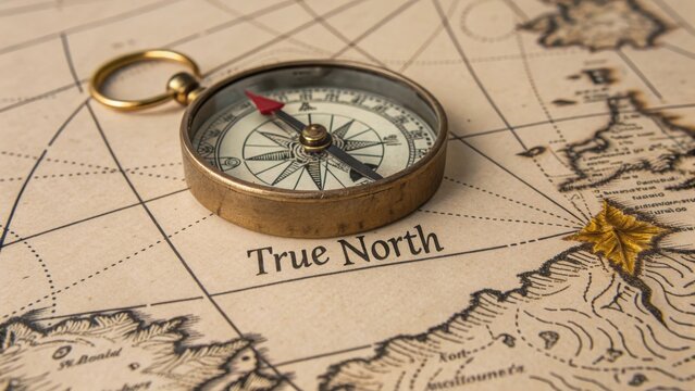 A vintage brass compass resting on an old, detailed map pointing towards True North, symbolizing adventure and exploration.