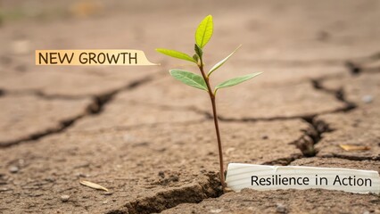 A young green plant sprouting from a dry cracked earth, symbolizing growth and resilience