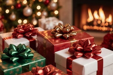 Festive Christmas gifts with metallic bows set in front of a glowing fireplace and a softly lit Christmas tree.
