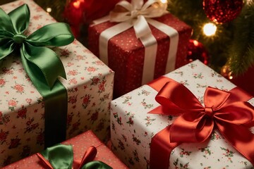 A beautiful arrangement of Christmas gifts wrapped in elegant floral and patterned papers with satin ribbons and bows.