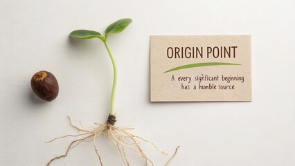 A young seedling with prominent roots, poised for new growth, next to a card stating 'Origin Point'