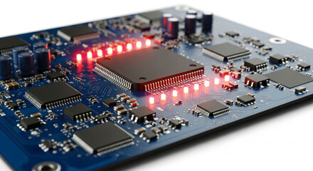 Blue printed circuit board (PCB) with glowing red indicator lights on an isolated white background, digital processing and data transfer technology concept, detailed close-up of microchips and electro