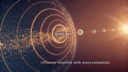 Abstract representation of global reach and influence with interconnected digital network elements and glowing particles.