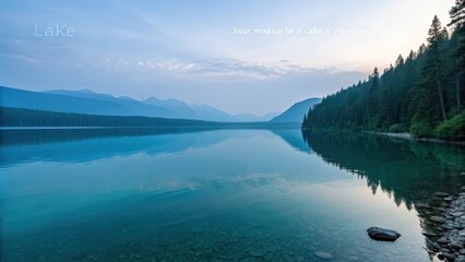 A tranquil, vast lake reflecting the serene blue sky and distant mountains under soft dawn light.
