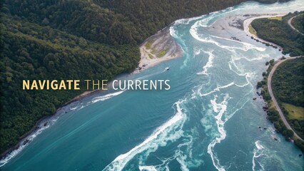 Aerial view of a powerful, dynamic river current flowing through a lush green landscape and meeting a vast blue ocean expanse