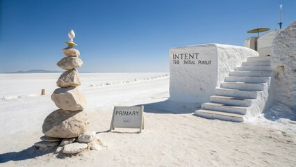 An abstract white structure with inscribed words like 'INTENT' and 'PRIMARY' stands against a vast salt flat landscape under a clear blue sky.