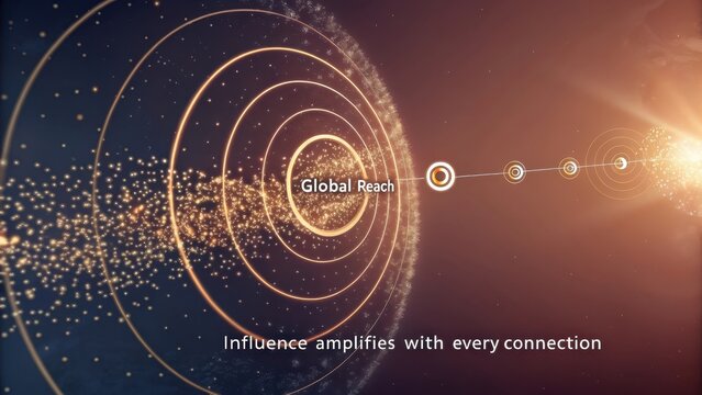 Abstract representation of global reach and influence with interconnected digital network elements and glowing particles. - Powered by Adobe