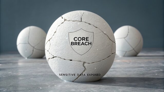 Cracked sphere with core breach and sensitive data exposed warning, illustrating cybersecurity vulnerability and data loss threat
