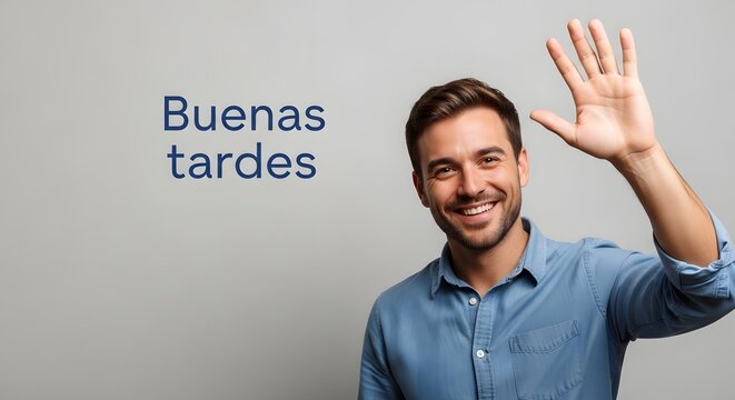 A cheerful young man with a friendly smile waves his hand in greeting while standing next to a wall with the words 'Buenas tardes' written on it, conveying a warm and welcoming atmosphere