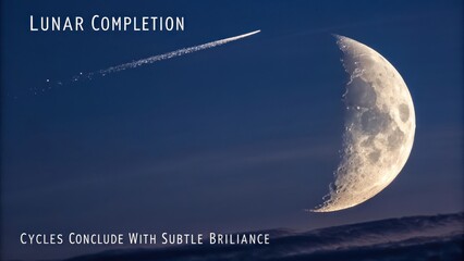 Airplane leaving a bright contrail across a twilight sky with a glowing crescent moon
