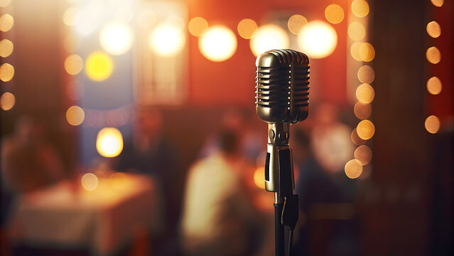 Vintage microphone in a dimly lit venue with blurred background and lights for a live performance
